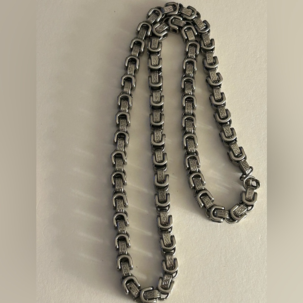 Vintage Necklace Greek Key design interlocking link chain Silvertone 24” heavy